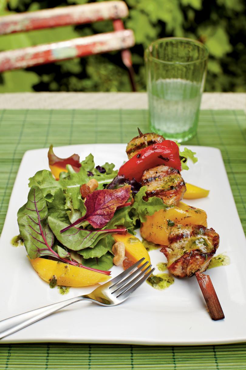 Tropisk Salad with Pork Kabobs and Citrus-Chimichurri Vinaigrette
