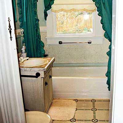 остарял bathroom with a window in the shower stall, yellow tile on the floor and a green shower curtain