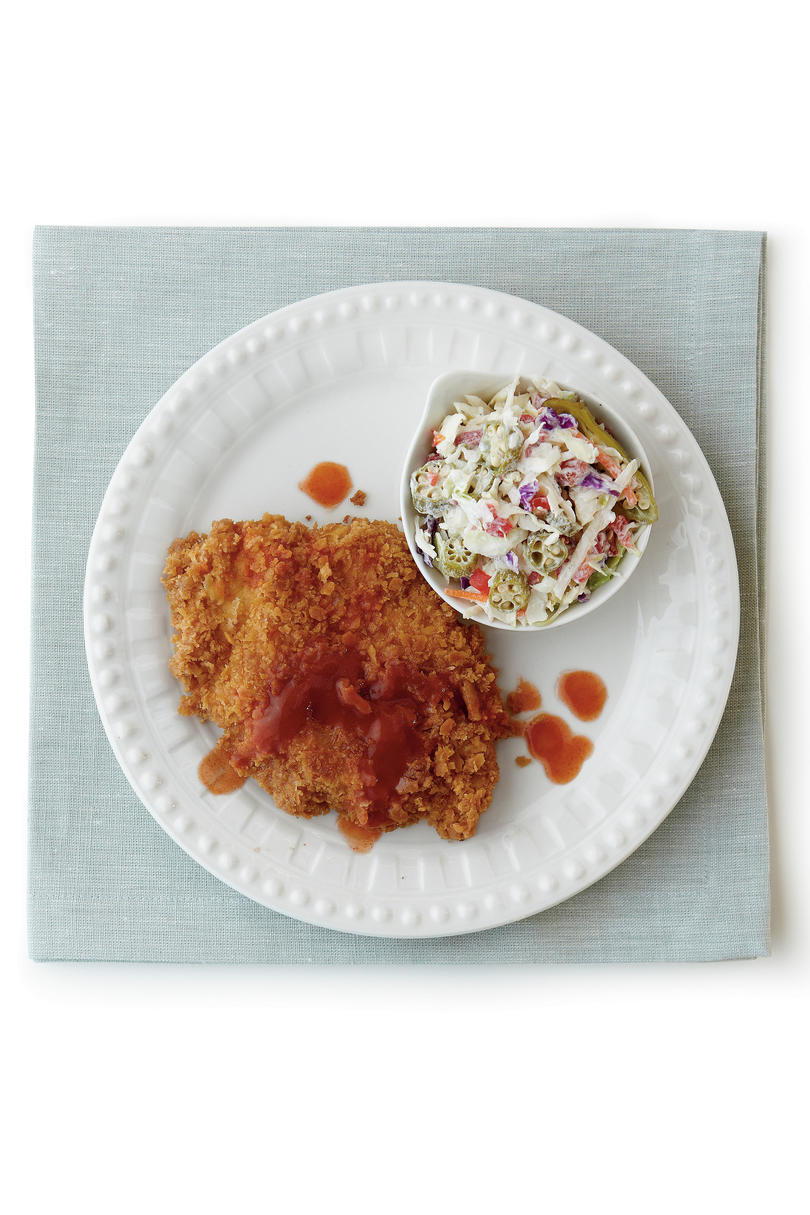 Caliente Sauce Fried Chicken with Pickled Okra Slaw
