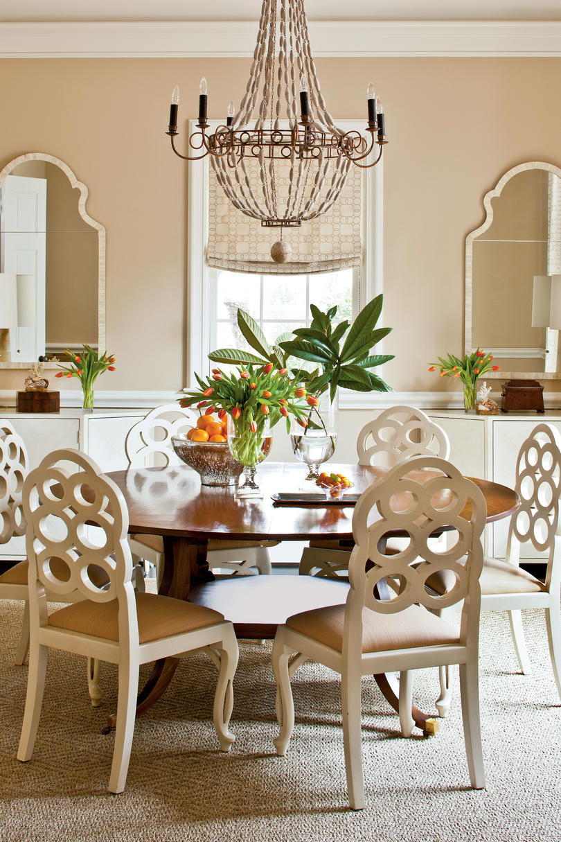 ا large round table in a square dining room makes conversations easier and most have leaves for extra seating.