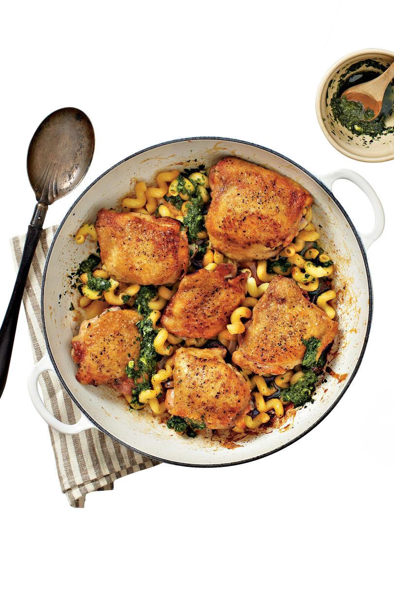 crispy Chicken Thighs with Pasta and Pesto
