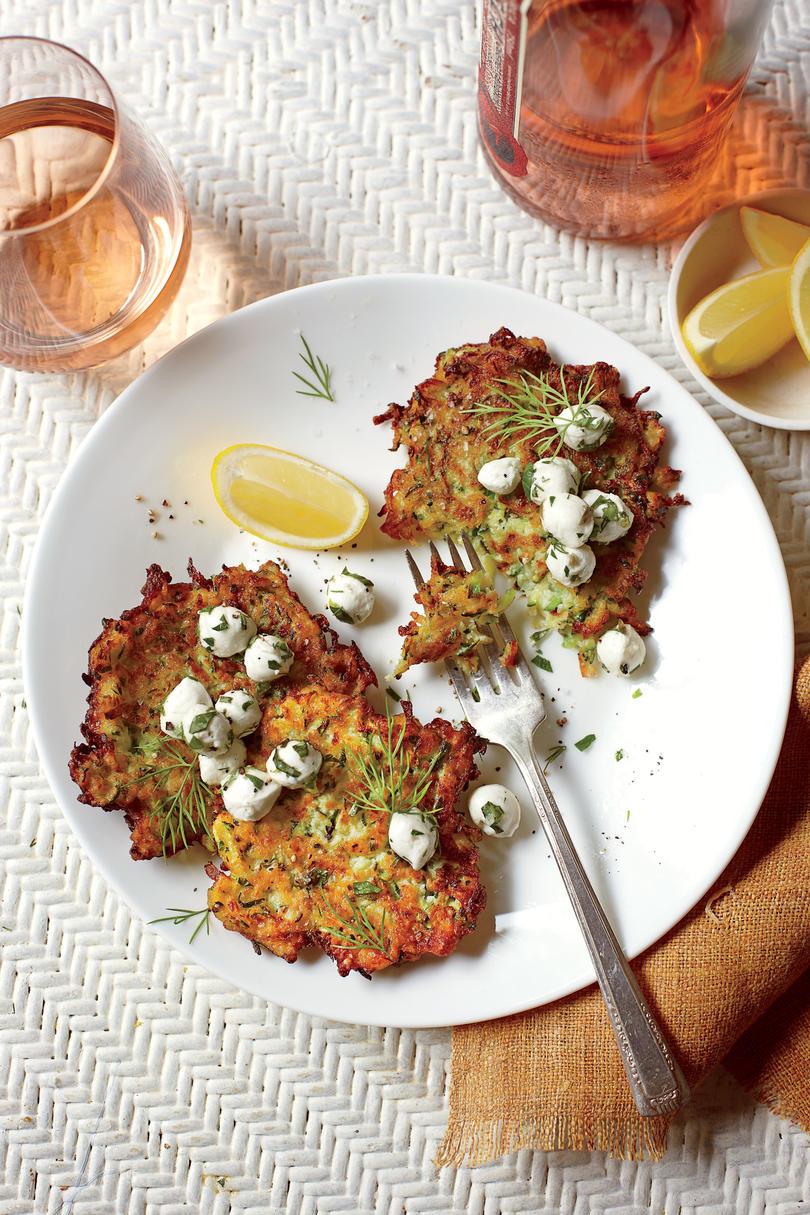 Cuketa Fritters with Herb-and-Mozzerella Salad