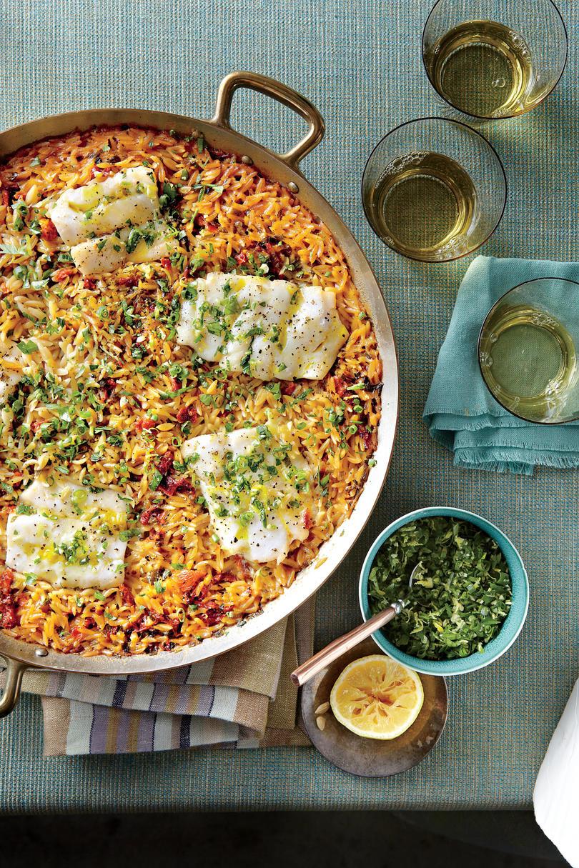 Skillet Orzo with Fish and Herbs