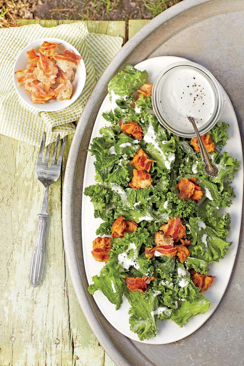 Mostaza Greens with Yogurt-Parmesan Dressing and Bacon Croutons