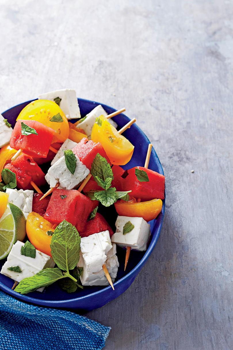 Rajče, Watermelon, and Feta Skewers with Mint and Lime