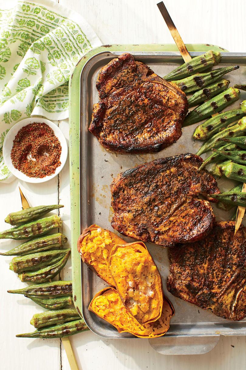 Chile-frotado Chops with Sweet Potatoes and Grilled Okra
