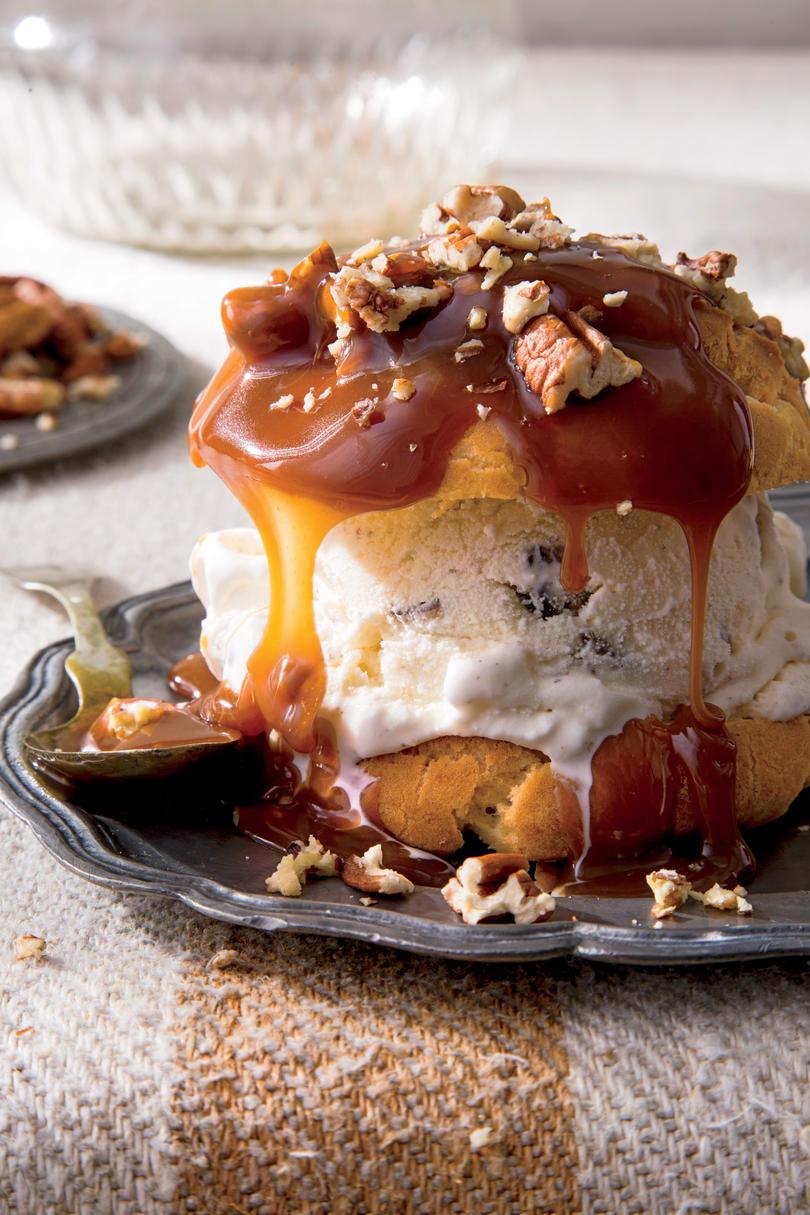 Decadent Cream Puffs with Praline Sauce and Toasted Pecans