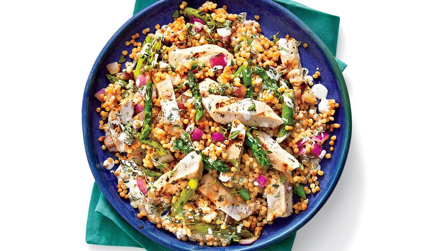 A la parrilla Chicken and Toasted Couscous Salad with Lemon-Buttermilk Dressing
