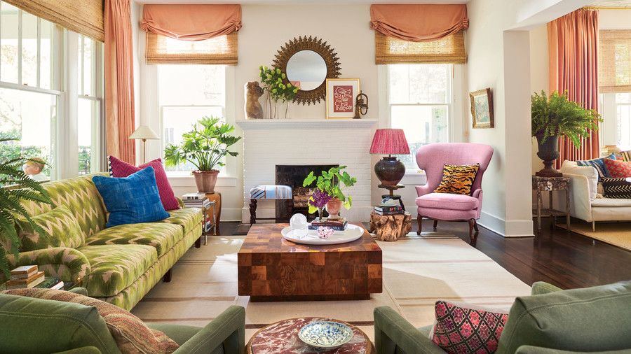 ميج Lonergan Houston Craftsman Living Room with Green Accents