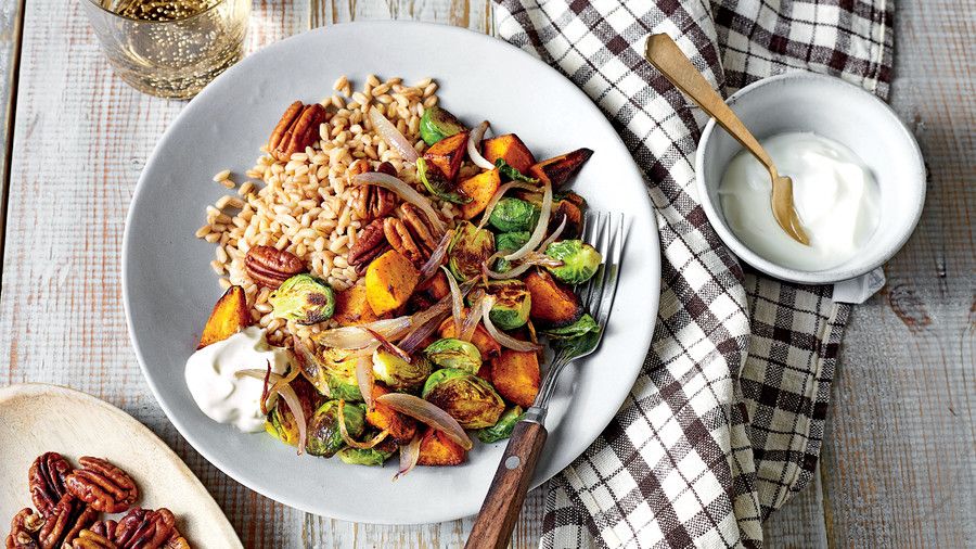 Farro Bowl with Curry-Roasted Sweet Potatoes and Brussels Sprouts