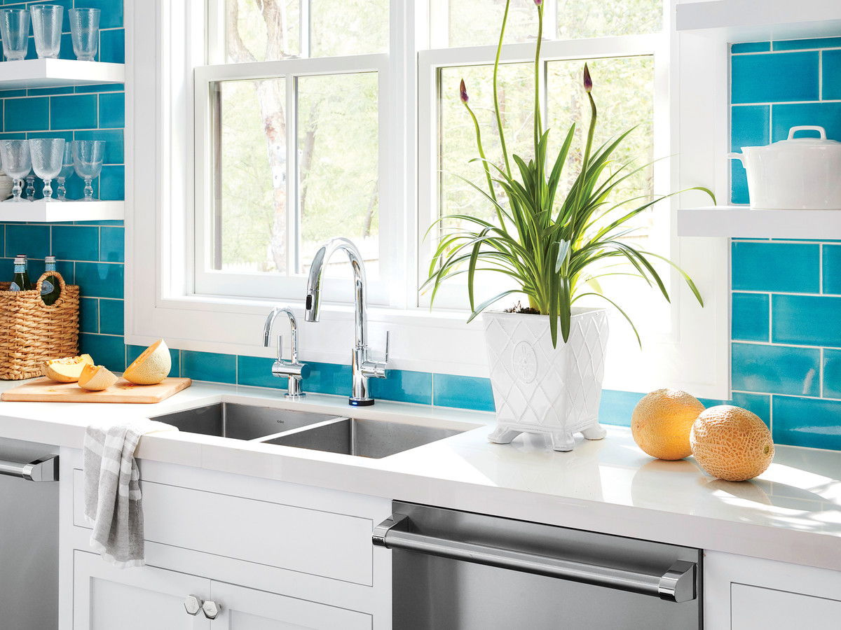 Meg Braff White Kitchen Sink with Teal Blue Backsplash