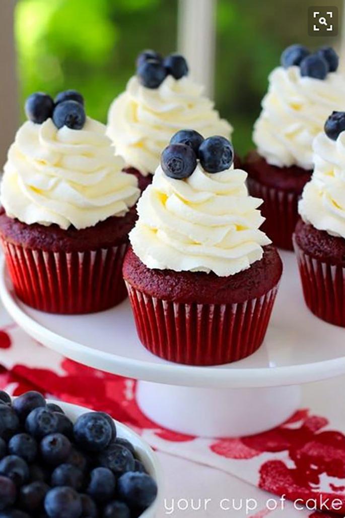 rojo Velvet Cupcakes with Blueberries