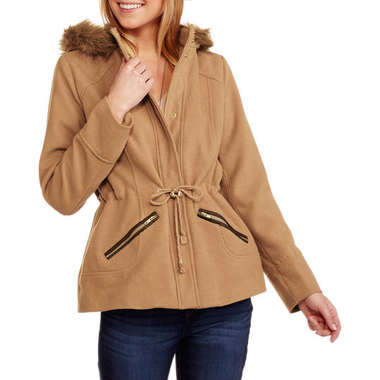 Faux Wool Hooded Coat with Fur-Trimmed Hood