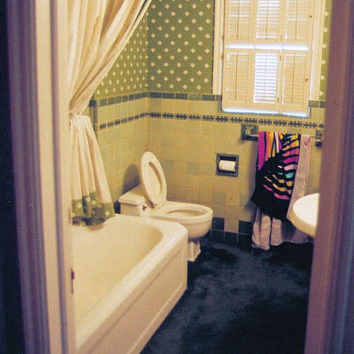 тъмен blue carpet and old green wallpaper darkened and enclosed an already tight area. The main fixtures -- the tub and toilet on one side, a pedestal sink and small cabinet on the other -- consumed the space.