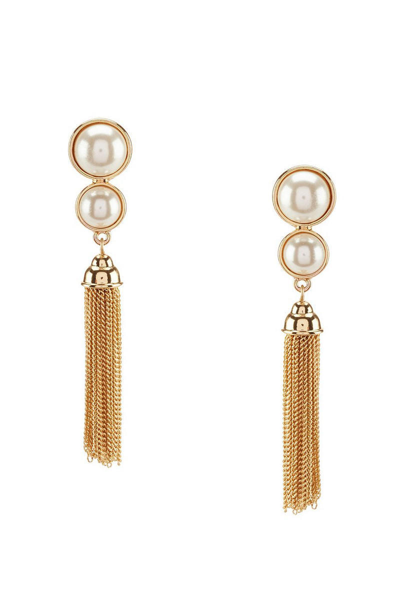 آن Klein Chain-Tasseled Faux-Pearl Clip-On Drop Earrings