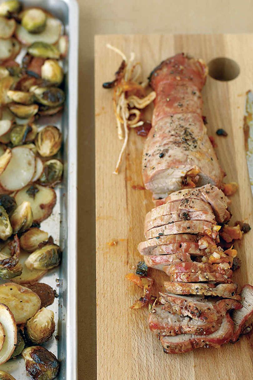 Abrikos-Stuffed Pork with Potatoes and Brussels Sprouts