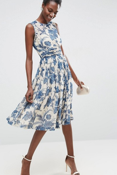 ASOS Midi Dress With Ruched Panel Detail in China Blue Print
