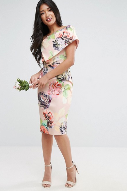 ASOS Print Structured Floral Bardot Pencil Midi Dress