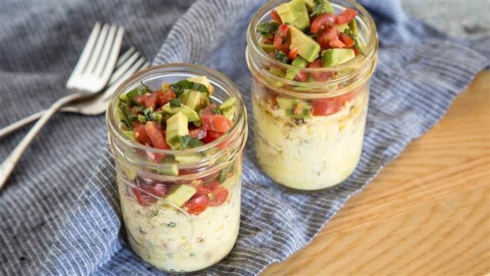 Tocino and Eggs in a Mason Jar topped with Avocado, Tomato & Basil