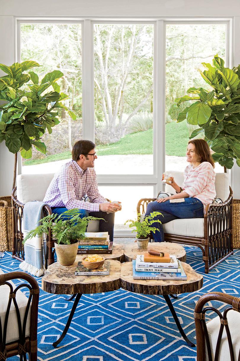 Bright Porch with Fig Trees and Blue Rug