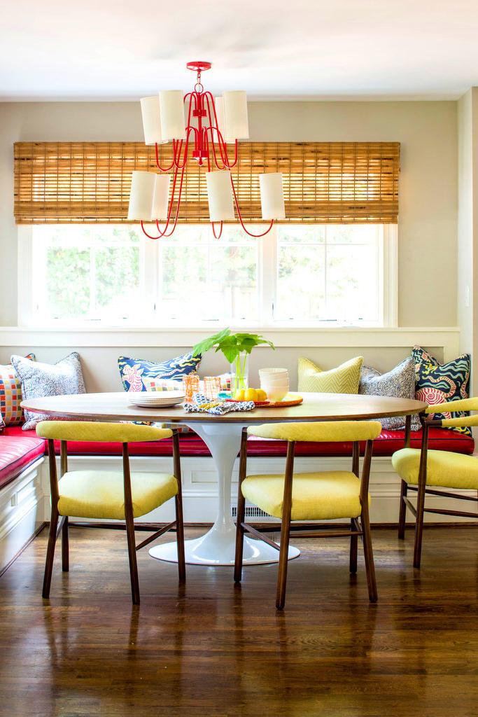 червен Banquette in Kitchen with Yellow Chairs