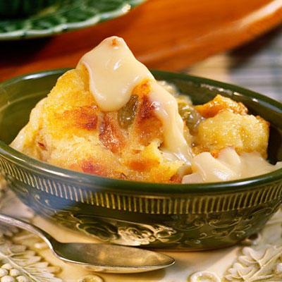 Un pan Pudding with Vanilla Sauce from Southern Living.
