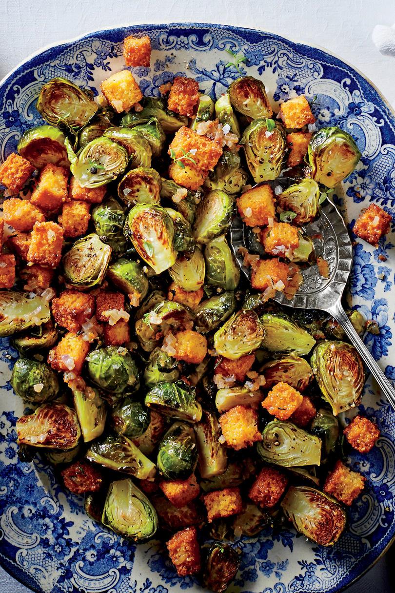50 Best Thanksgiving Brussels Sprouts with Cornbread Croutons