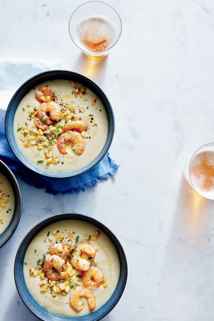 Fresco Corn and Potato Soup with Sautéed Shrimp