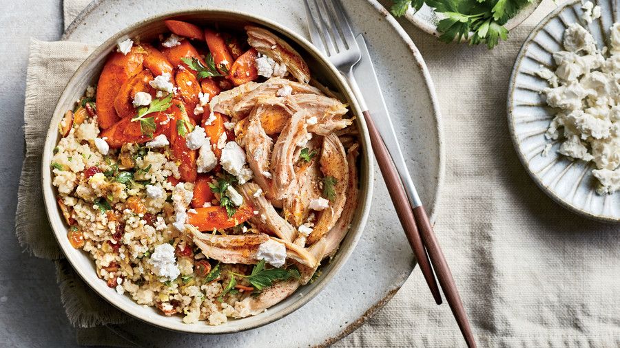 Kuskus Pilaf with Roasted Carrots, Chicken, and Feta