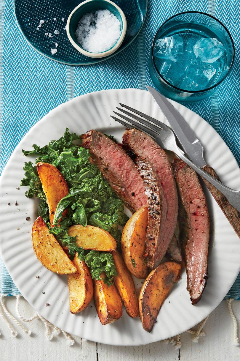 Sencillo Suppers Challenge: Sheet Pan Flank Steak, Greens, and Yukon Gold Fries