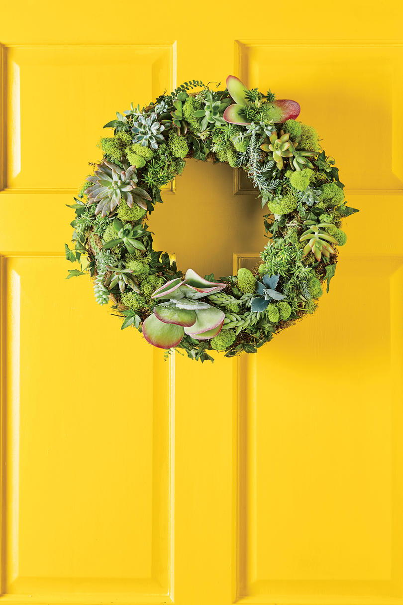 أخضر Succulent Wreath on Yellow Door