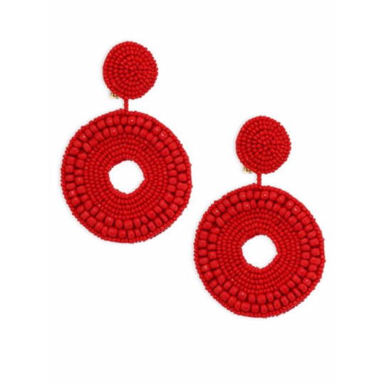 Bright Red Beaded Circle Clip-On Earrings