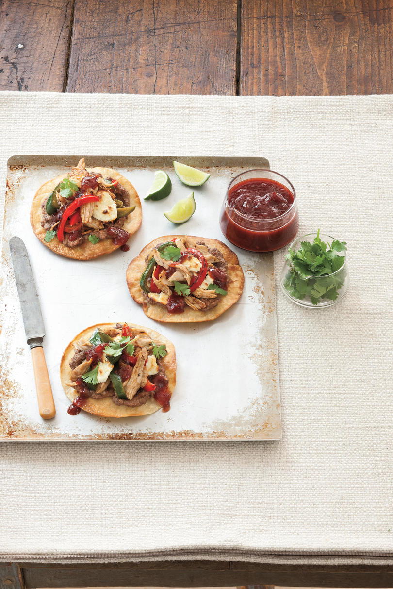 pavo Tostadas with Spicy Cranberry-Chipotle Sauce