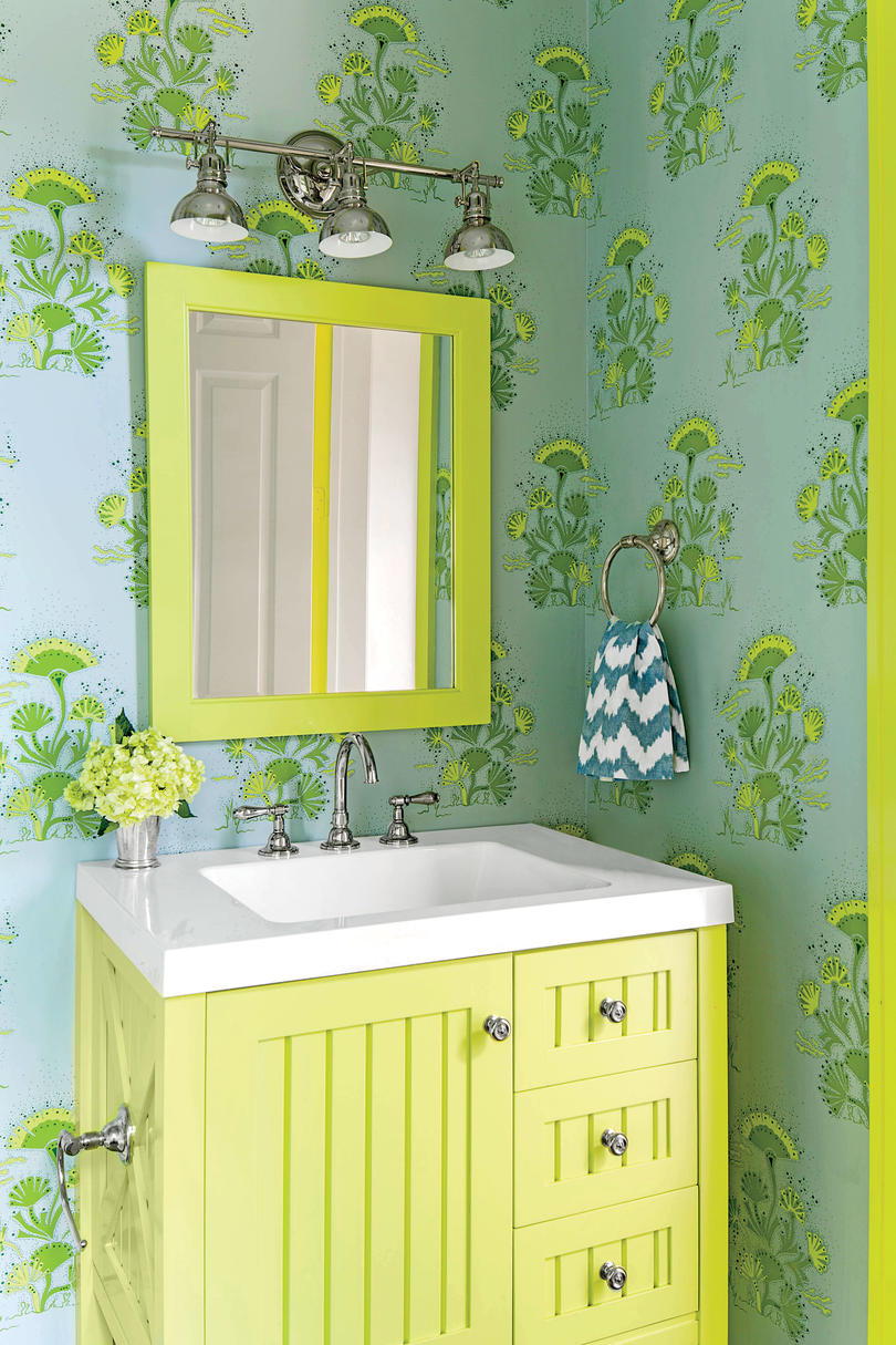 أخضر and Blue Bathroom with Wallpaper