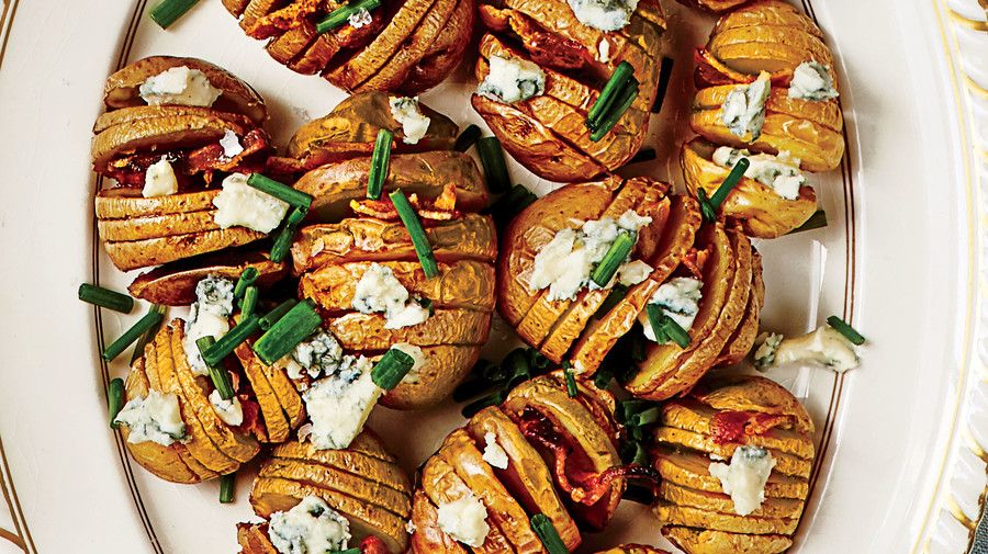 Appetizer Baby Hasselback Potatoes with Blue Cheese and Bacon