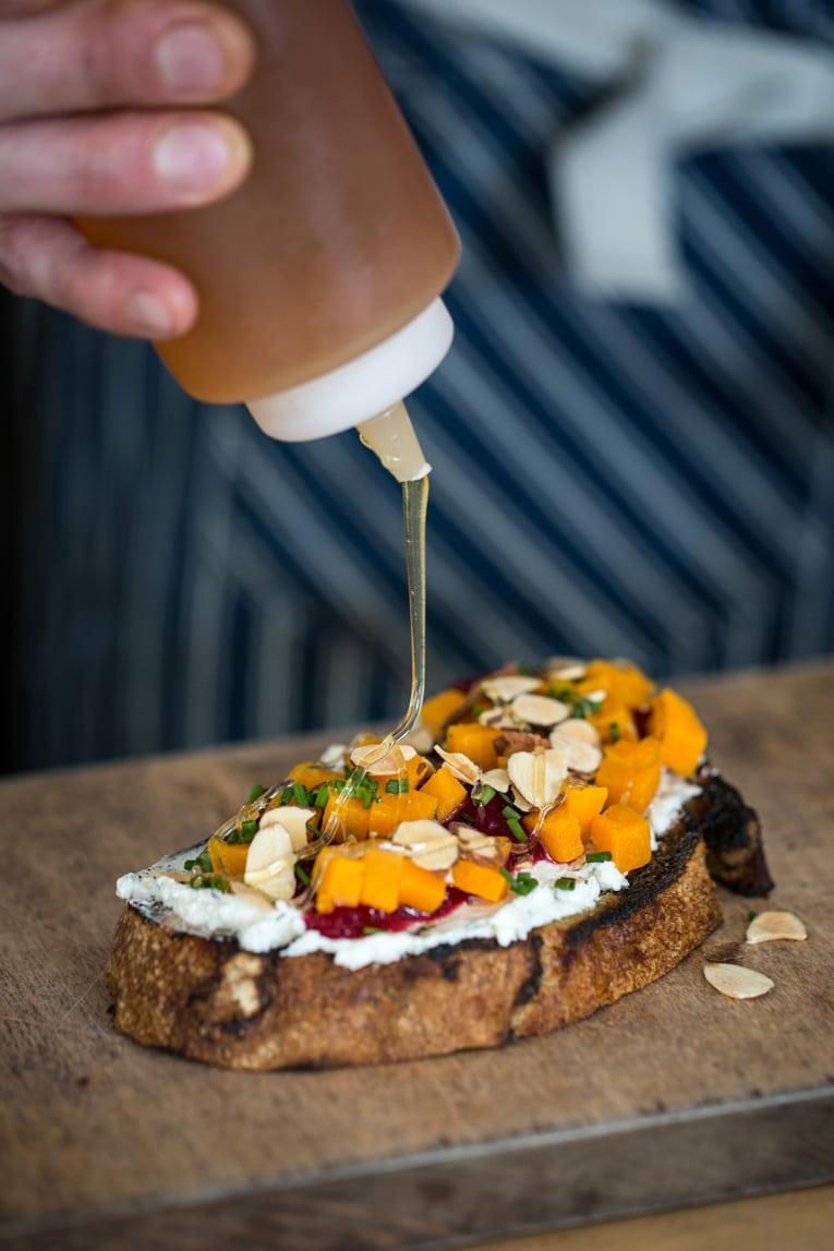 herbed Goat Cheese Bruschetta with Butternut Squash and Cranberry Jam 