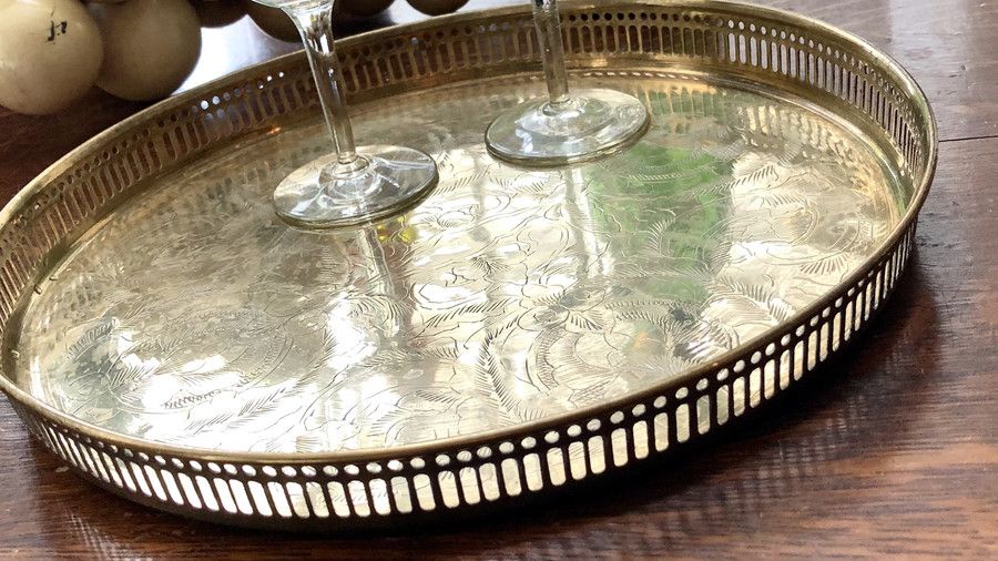 Hollywood Regency Etched Brass Serving Tray
