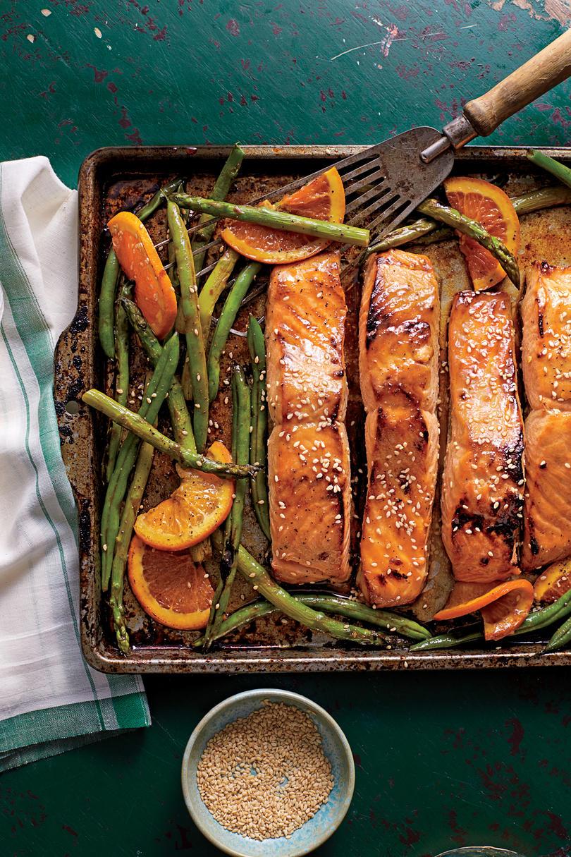 Honning-soja-Glaseret Salmon with Veggies and Oranges