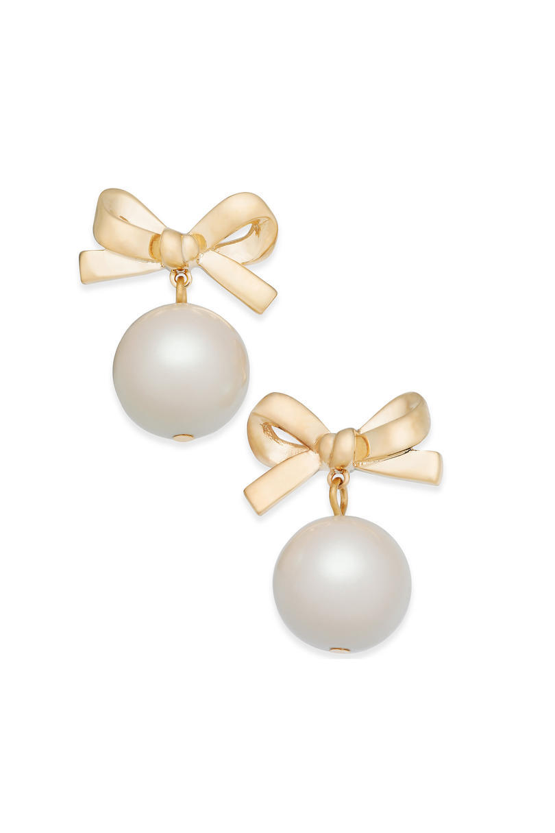 كيت Spade New York 14k Gold-Plated Imitation Pearl Bow Drop Earrings