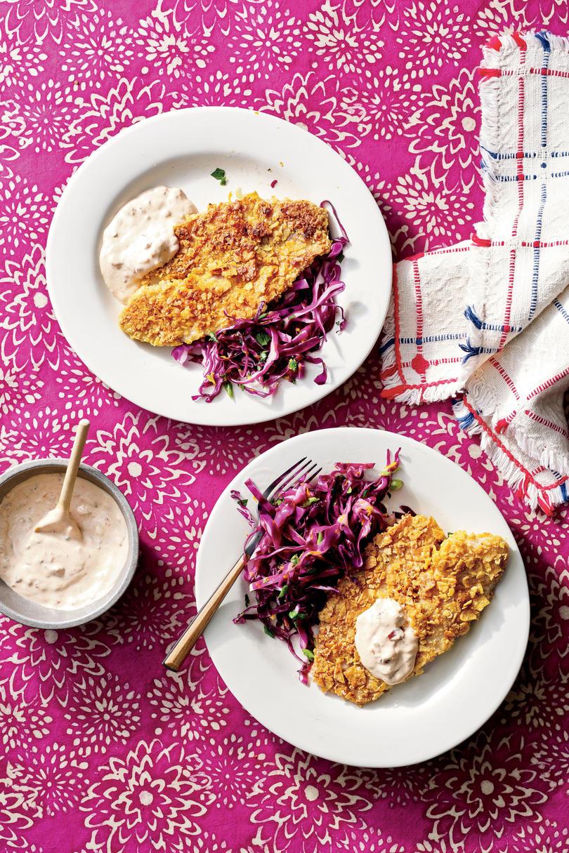 Тортила-Crusted Tilapia with Citrus Slaw and Chipotle Tartar Sauce