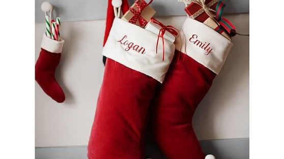 مخزون Up On These Holiday Decorations Now Pottery Barn Red And White Velvet Stockings