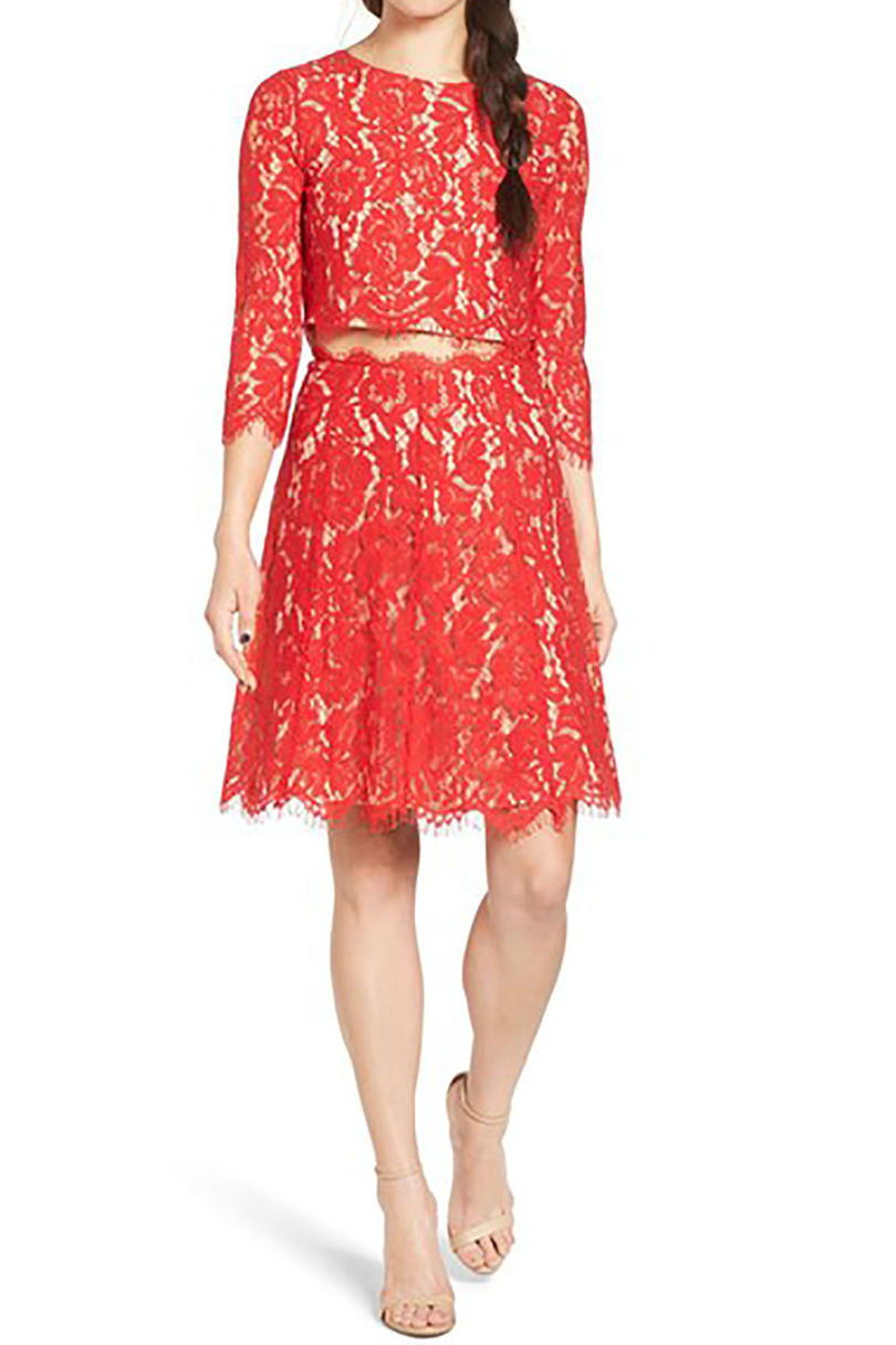 أحمر Lace Two Piece Dress