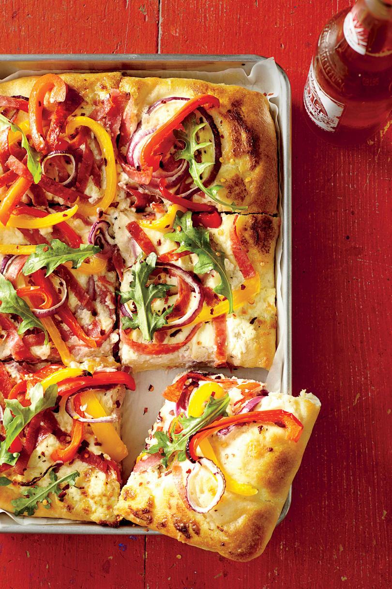 List Pan White Pizza with Salami and Peppers