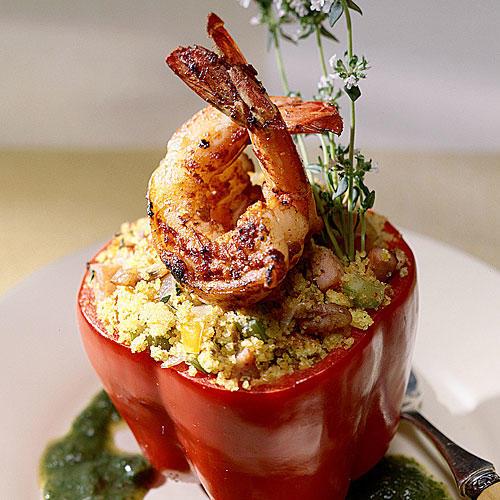 Grill Shrimp and Cornbread-Stuffed Peppers