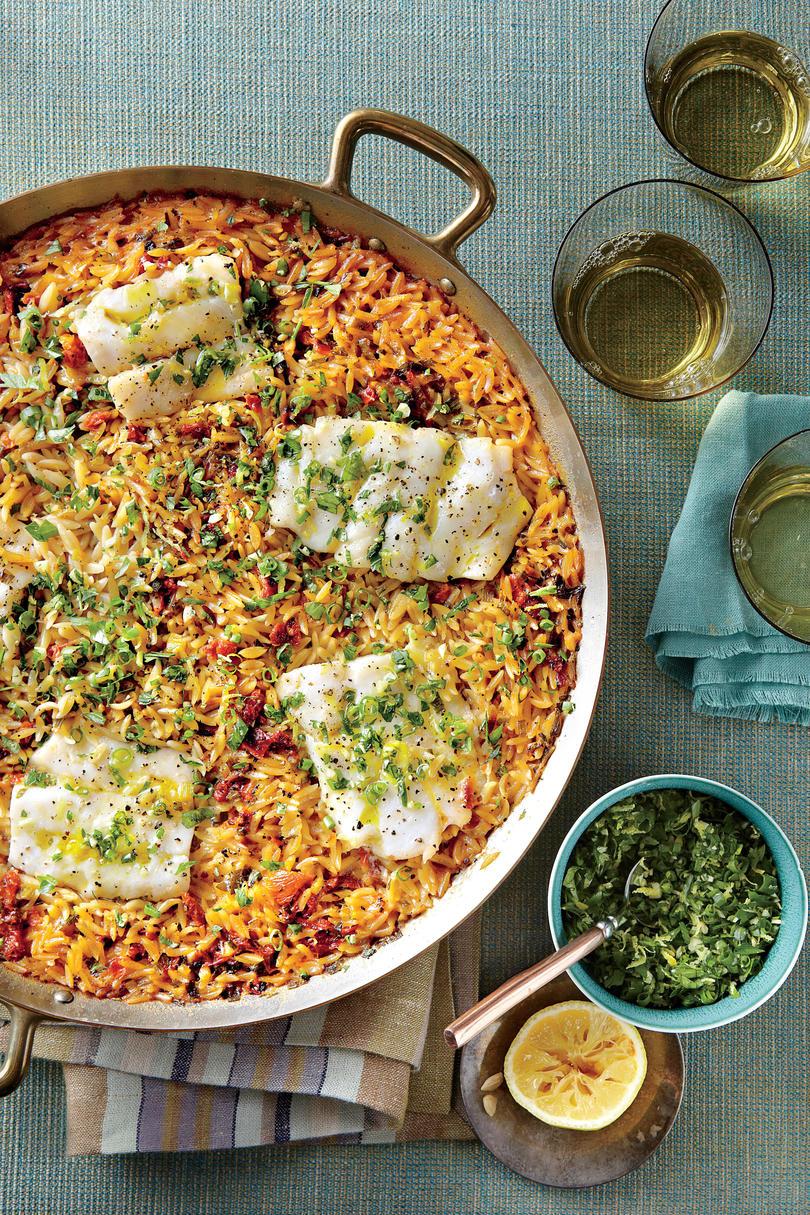 Skillet Orzo with Fish and Herbs