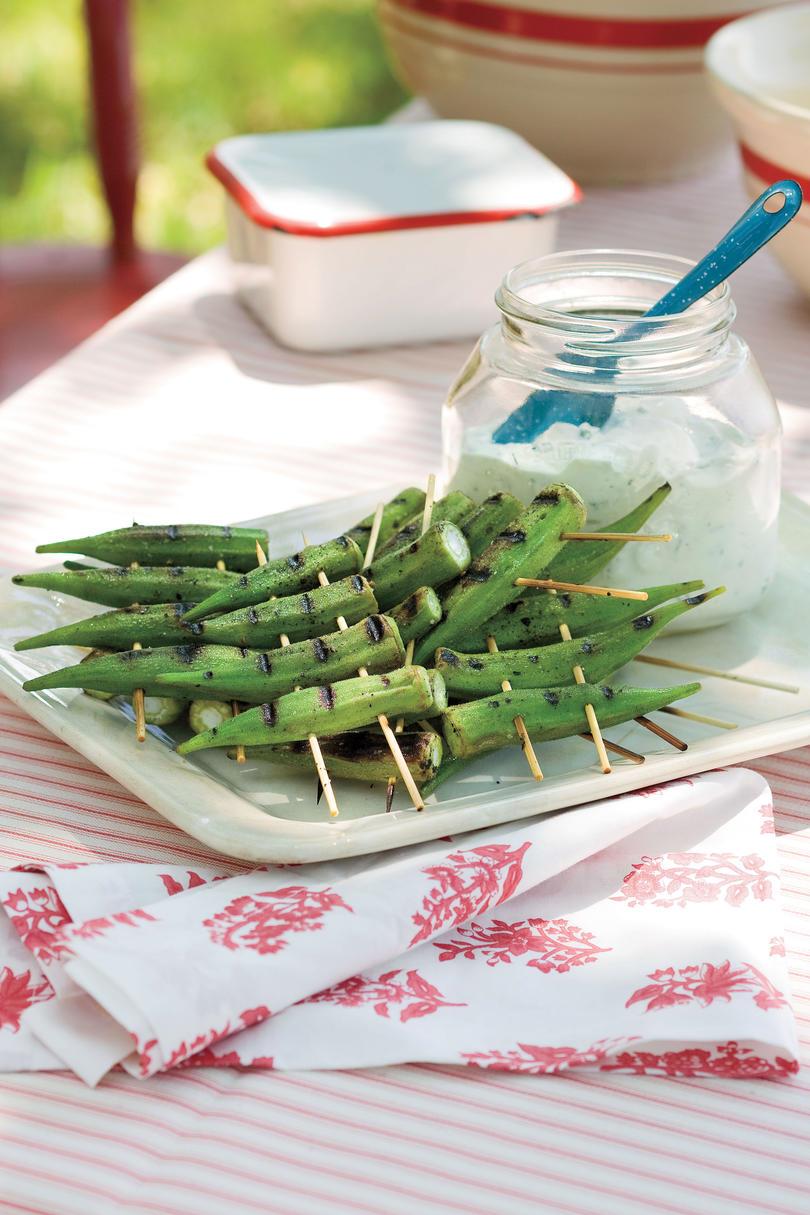 Picante Grilled Okra with Lemon-Basil Dipping Sauce