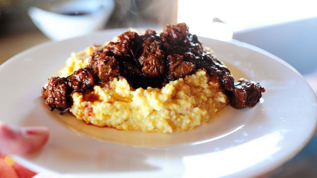 Picante Stewed Beef with Creamy Cheddar Cheese Grits