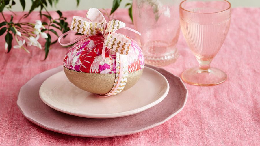 розов and Gold Paper Mache Egg with Ribbon