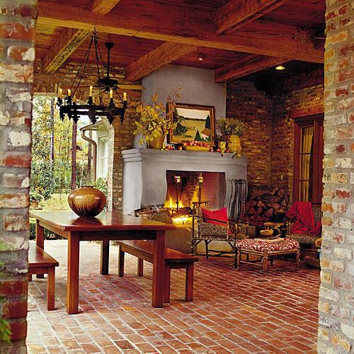 Stucco and Brick Outdoor Fireplace 